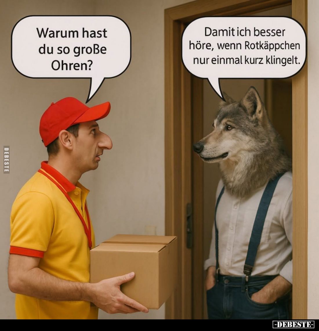 Warum hast du so große Ohren? -
Damit ich besser höre, wenn Rotkäppchen nur einmal kurz klingelt.