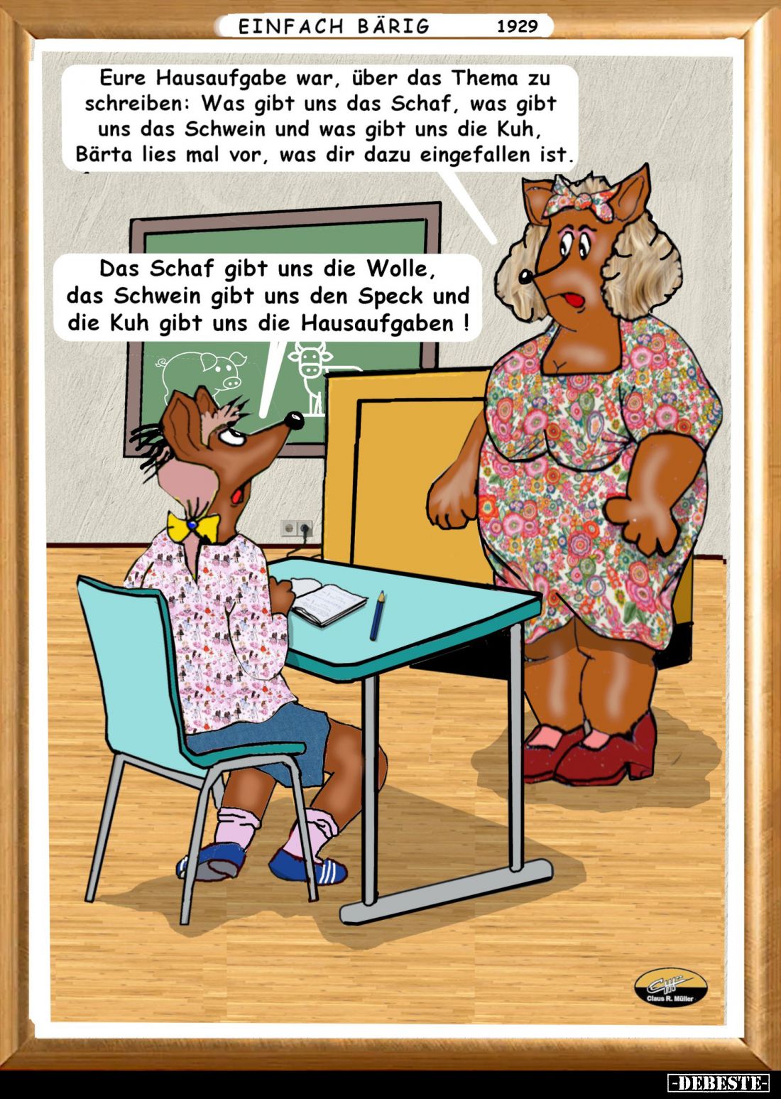 Eure Hausaufgabe war, über das Thema zu schreiben: Was gibt uns das Schaf, was gibt uns das Schwein und was gibt uns die Kuh,...