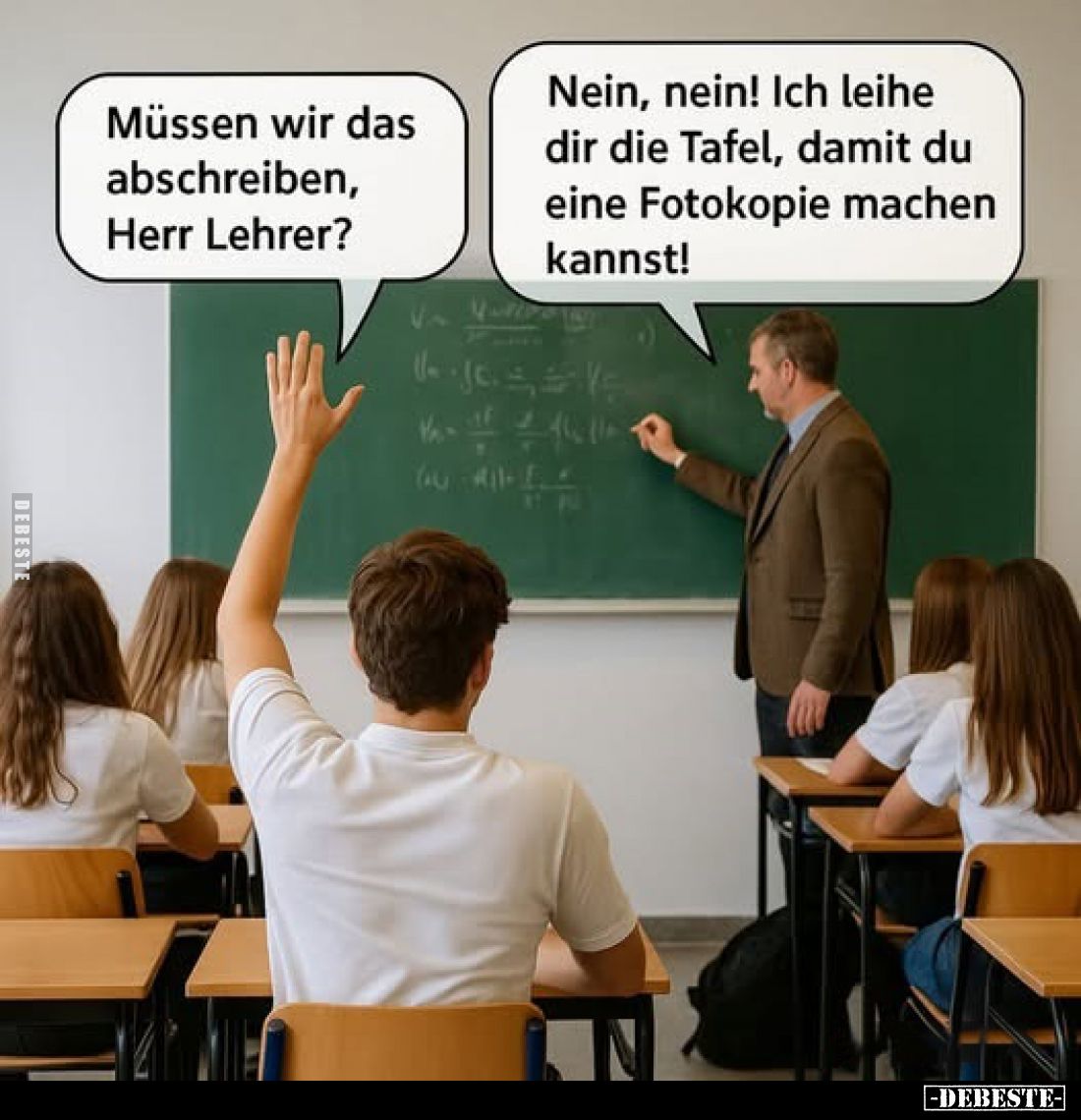 Müssen wir das abschreiben, Herr Lehrer?
-
Nein, nein! Ich leihe dir die Tafel, damit du eine Fotokopie machen kannst!