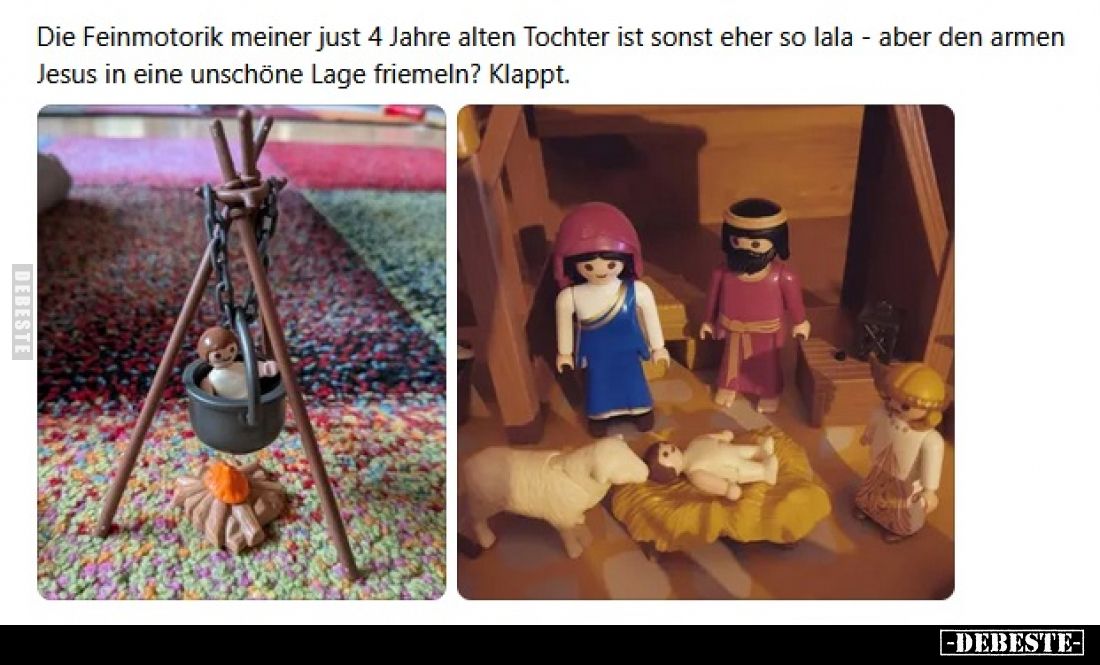 Die Feinmotorik meiner just 4 Jahre alten Tochter ist sonst eher so lala - aber den armen Jesus in eine unschöne Lage friemel...