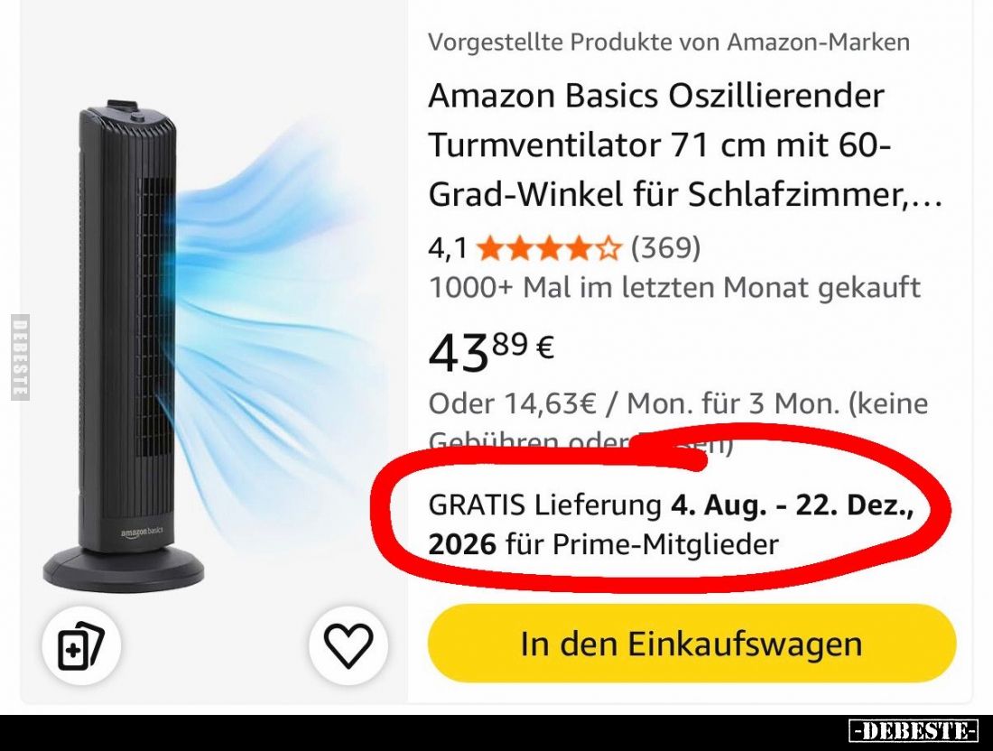 Amazon Basics Oszillierender Turmventilator 71 cm mit 60-Grad-Winkel für Schlafzimmer,...

GRATIS Lieferung 4. Aug. - 22. D...
