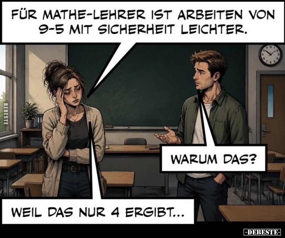 Für Mathe-Lehrer ist Arbeiten von 9-5 mit Sicherheit leichter.
-
Warum das?
-
Weil das nur 4 ergibt...