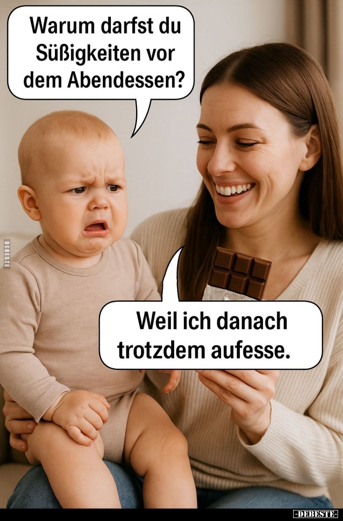 Warum darfst du Süßigkeiten vor dem Abendessen?
-
Weil ich danach trotzdem aufesse.