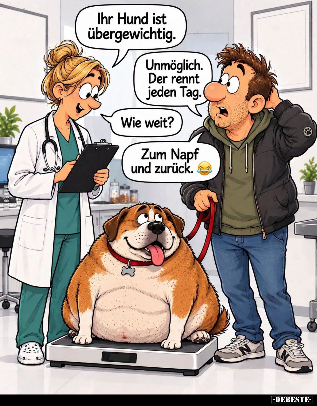 Ihr Hund ist übergewichtig. 
-
Unmöglich. Der rennt jeden Tag. -
Wie weit? -
Zum Napf und zurück.