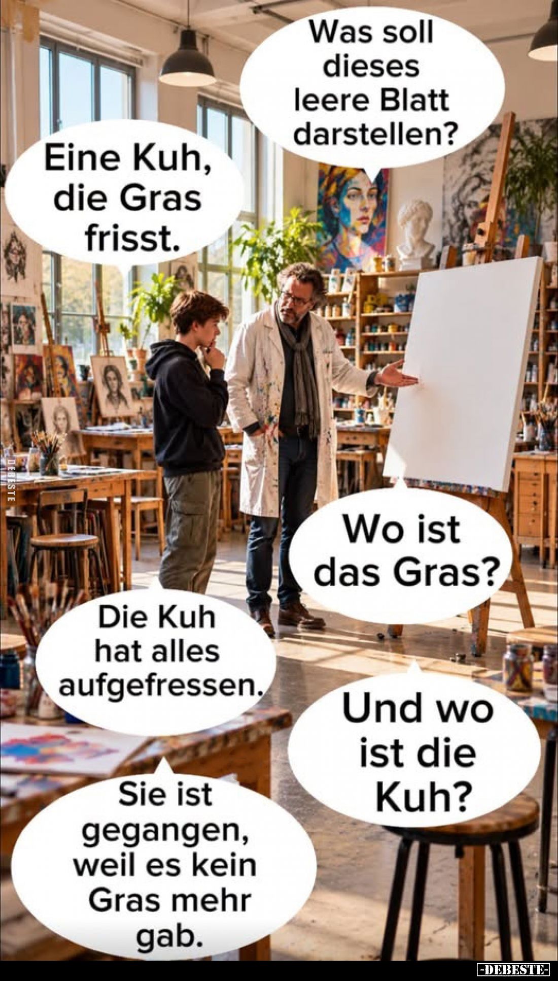 Was soll dieses leere Blatt darstellen? -
Eine Kuh, die Gras frisst. -
Wo ist das Gras? -
Die Kuh hat alles aufgefressen....