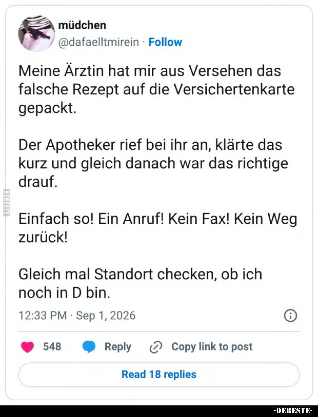 Meine Ärztin hat mir aus Versehen das falsche Rezept auf die Versichertenkarte gepackt.

Der Apotheker rief bei ihr an, klä...