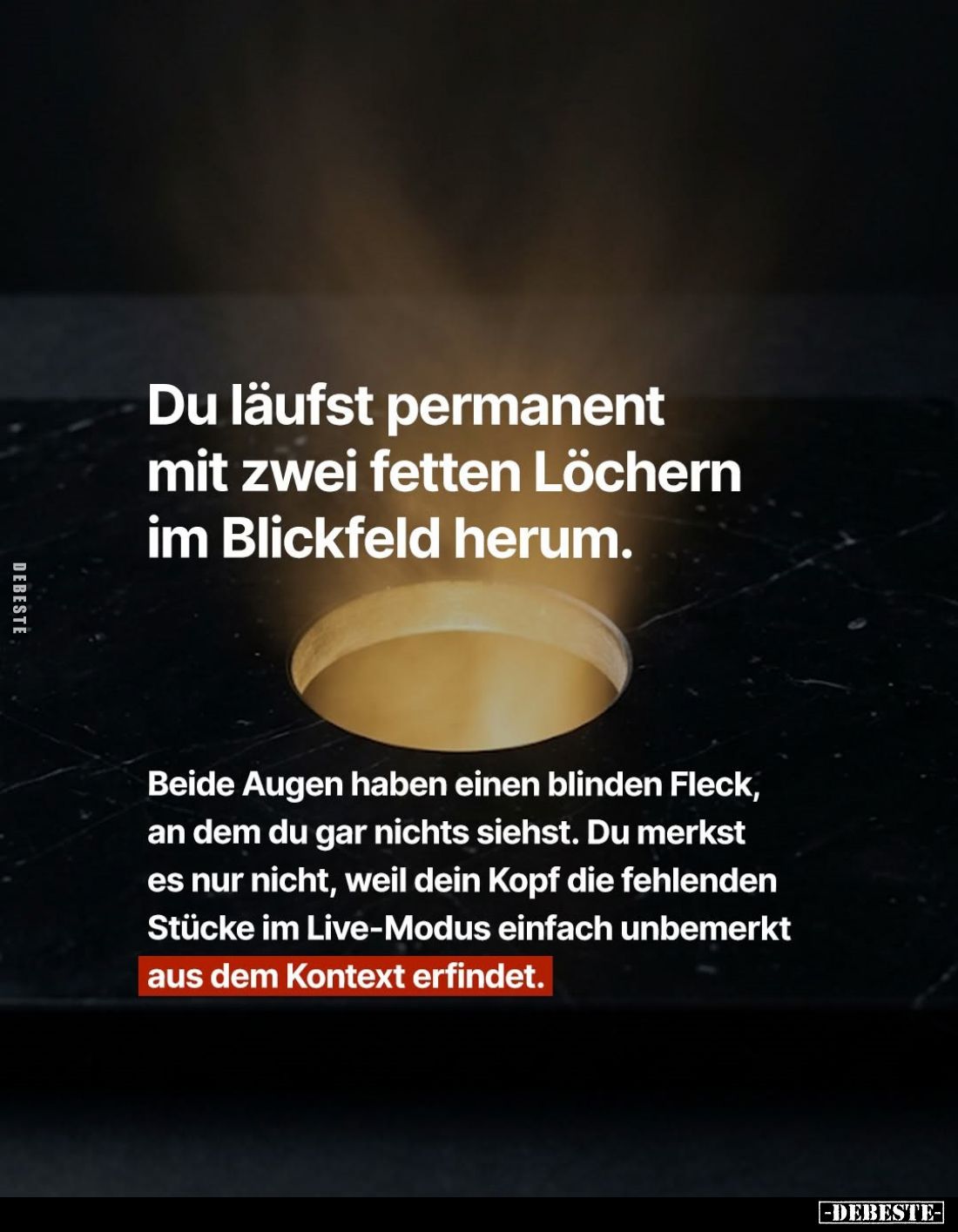 Du läufst permanent mit zwei fetten Löchern im Blickfeld herum.
Beide Augen haben einen blinden Fleck, an dem du gar nichts ...