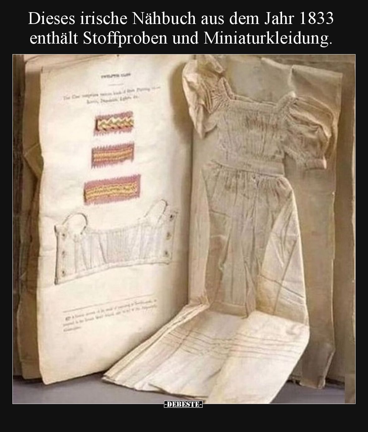 Dieses irische Nähbuch aus dem Jahr 1833 enthält Stoffproben und Miniaturkleidung.