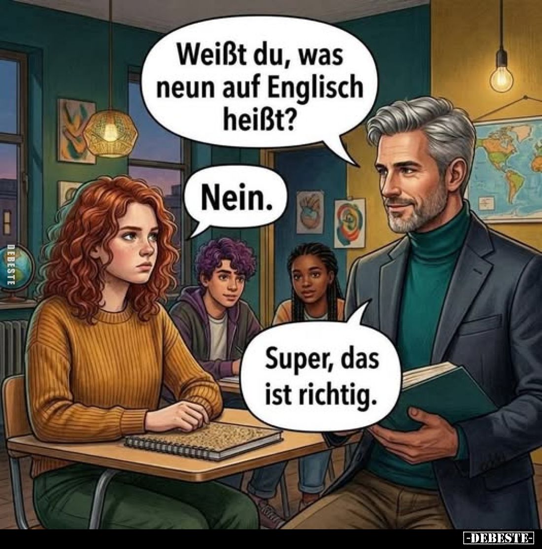 Weißt du, was neun auf Englisch heißt?
Nein.
Super, das ist richtig.