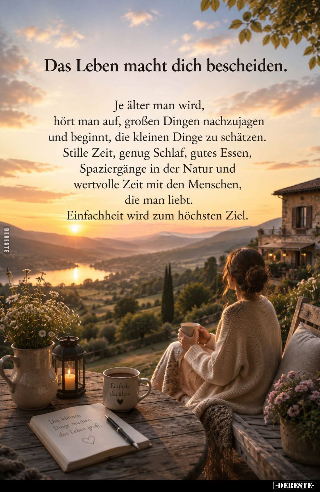 Das Leben macht dich bescheiden.
Je älter man wird, hört man auf, großen Dingen nachzujagen und beginnt, die kleinen Dinge z...
