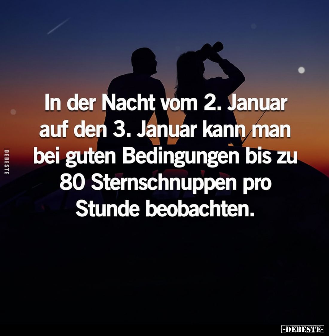 In der Nacht vom 2. Januar auf den 3. Januar kann man bei guten Bedingungen bis zu 80 Sternschnuppen pro Stunde beobachten.
