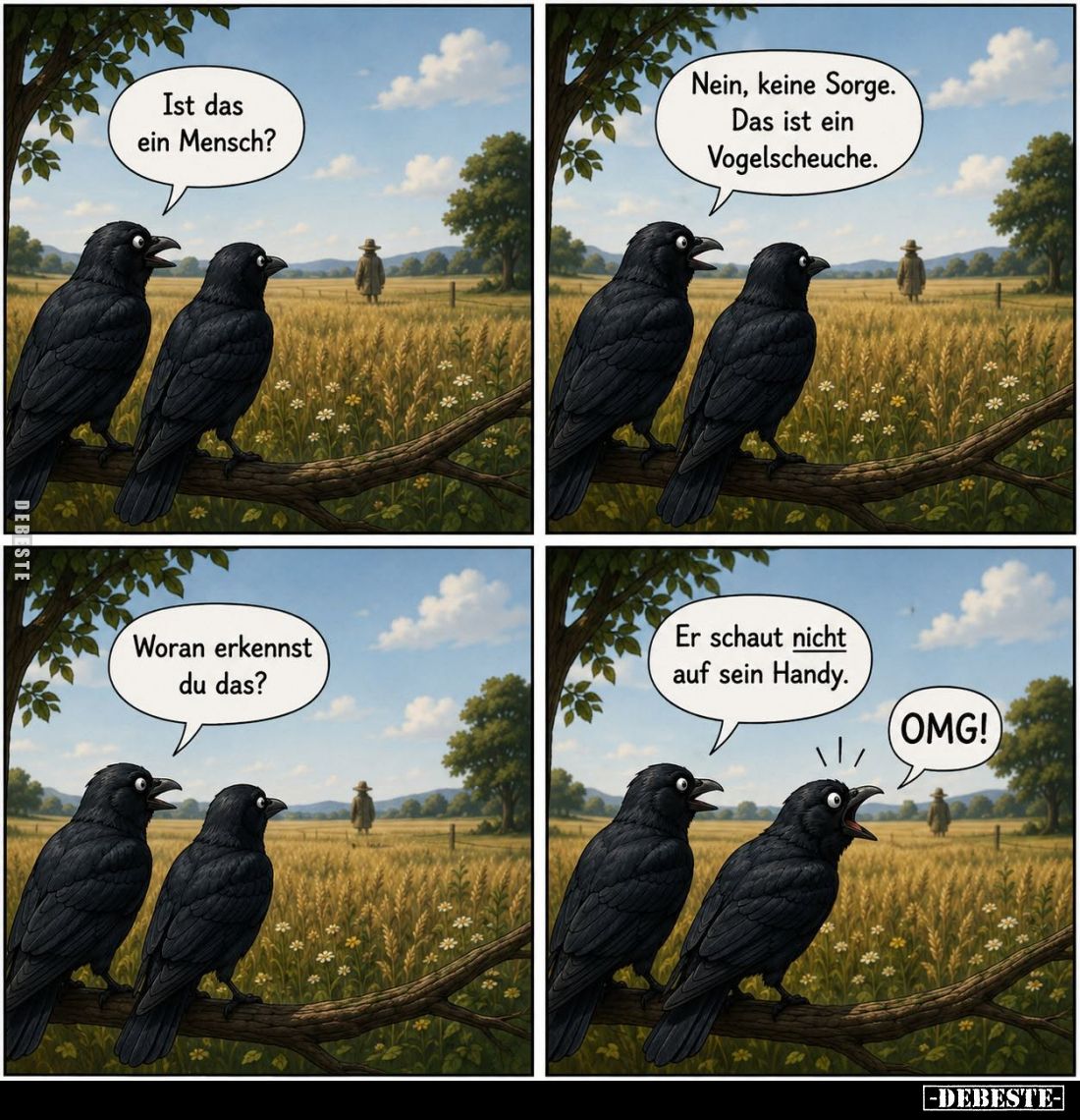 Ist das ein Mensch? -
Nein, keine Sorge. Das ist ein Vogelscheuche. -
Woran erkennst du das? -
Er schaut nicht auf sein Ha...
