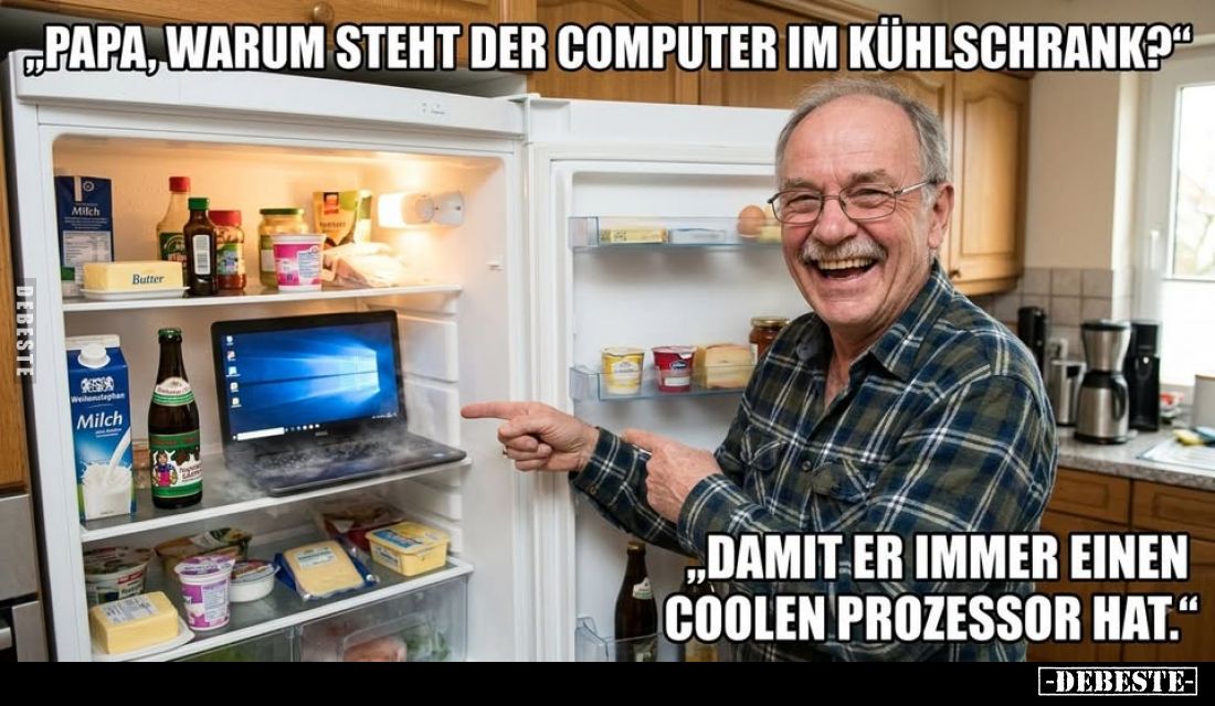,,Papa, warum steht der Computer im Kühlschrank?"

,,Damit er immer einen coolen Prozessor hat."