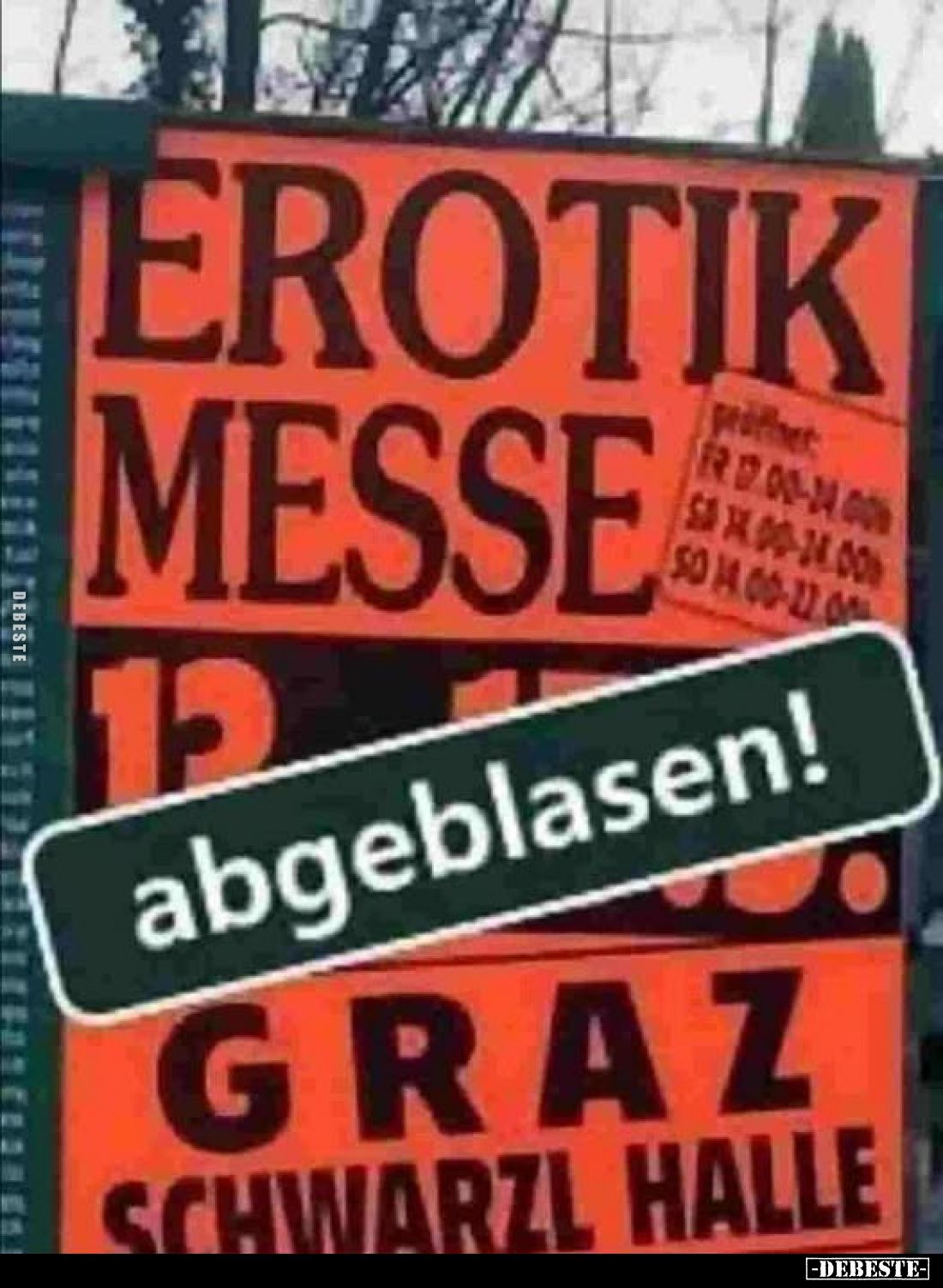 EROTIK MESSE
-
geöffnet:
FR 17.00-24.00 h
SA 14.00-24.00 h
SO 14.00-22.00 h
-
abgeblasen!