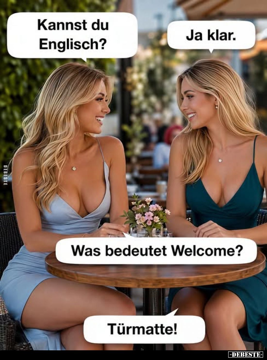Kannst du Englisch?
Ja klar.

Was bedeutet Welcome?
Türmatte!