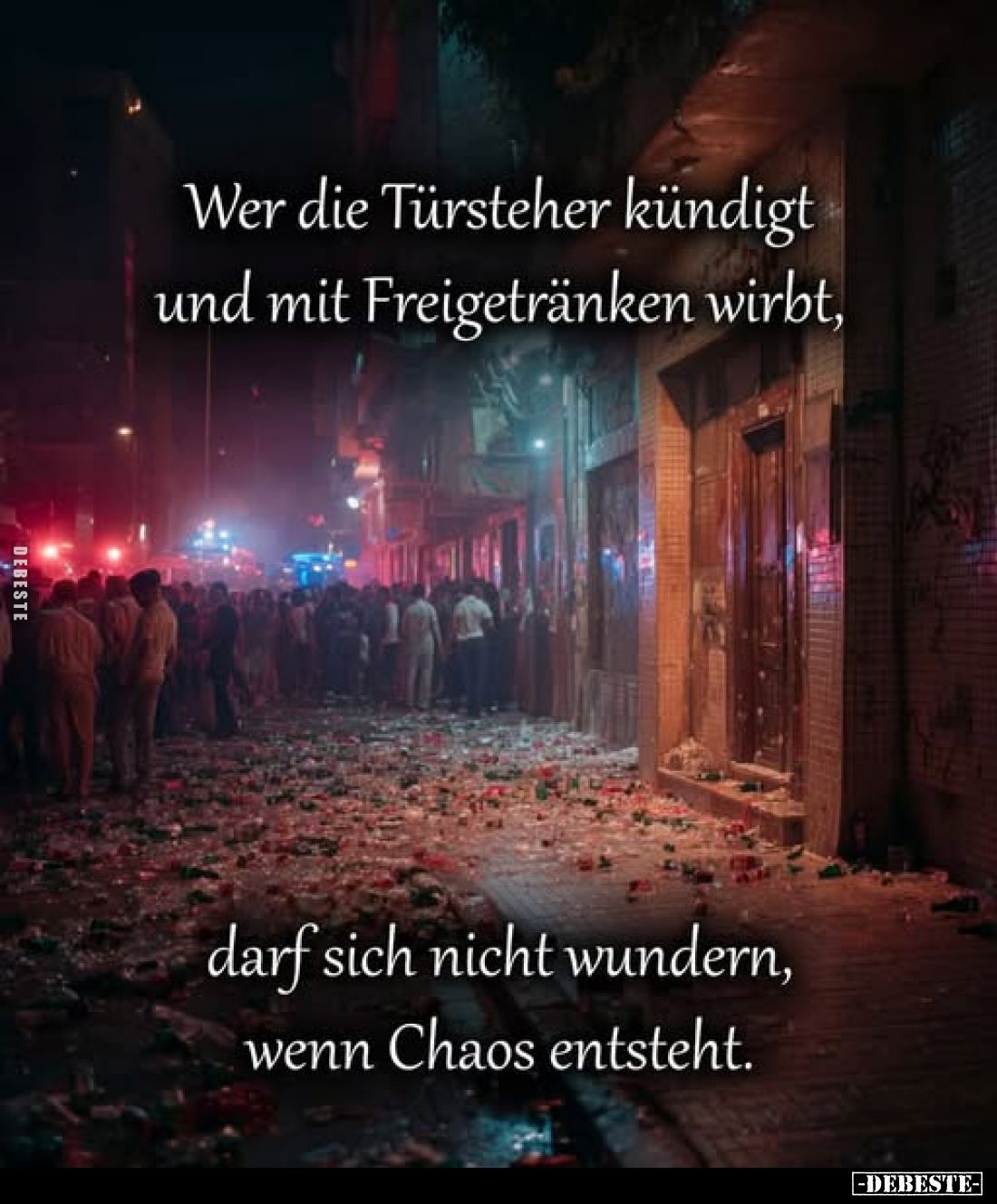 Wer die Türsteher kündigt und mit Freigetränken wirbt,
darf sich nicht wundern, wenn Chaos entsteht.