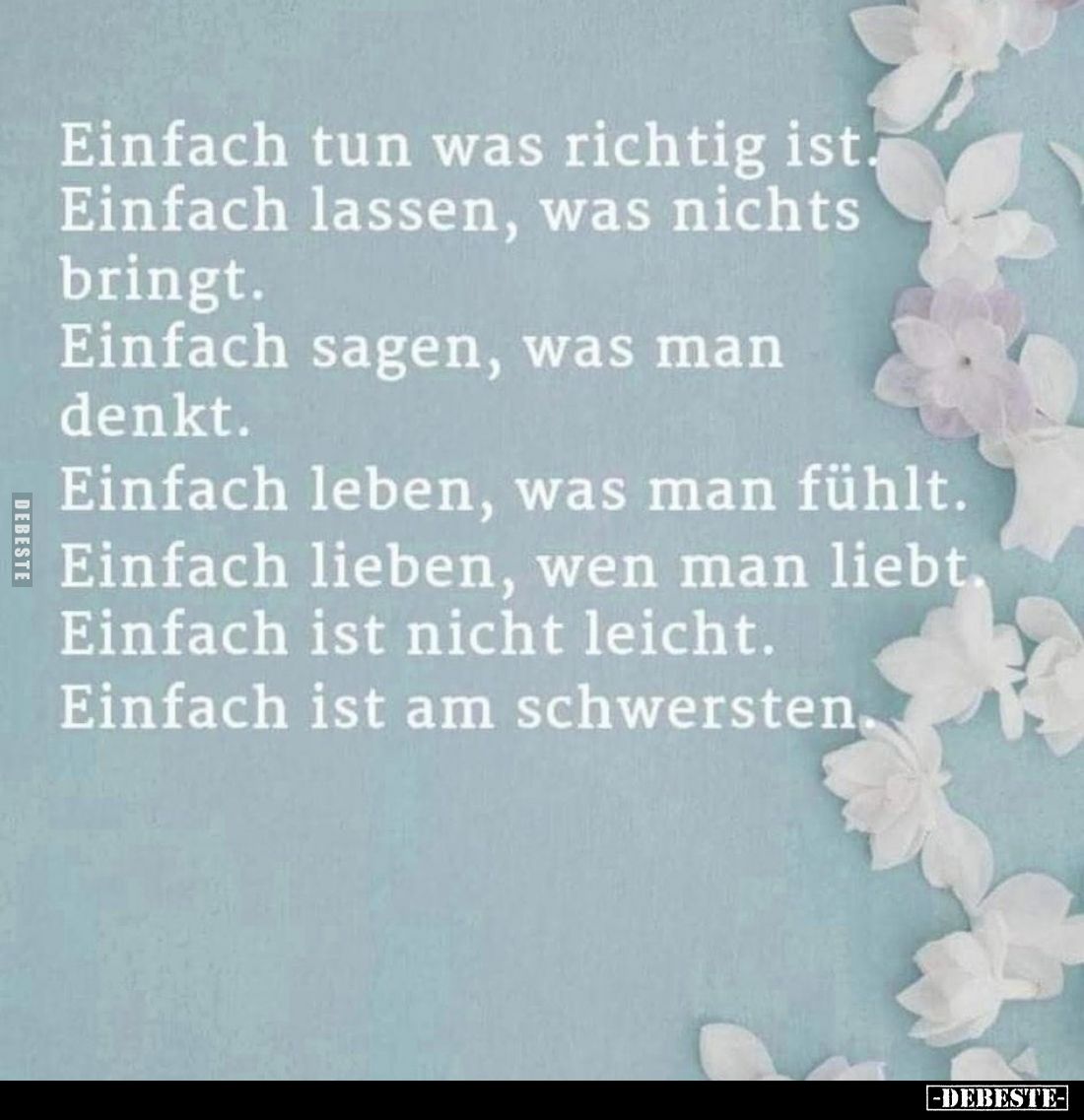 Einfach tun was richtig ist.
Einfach lassen, was nichts bringt.
Einfach sagen, was man denkt.
Einfach leben, was man fühlt...