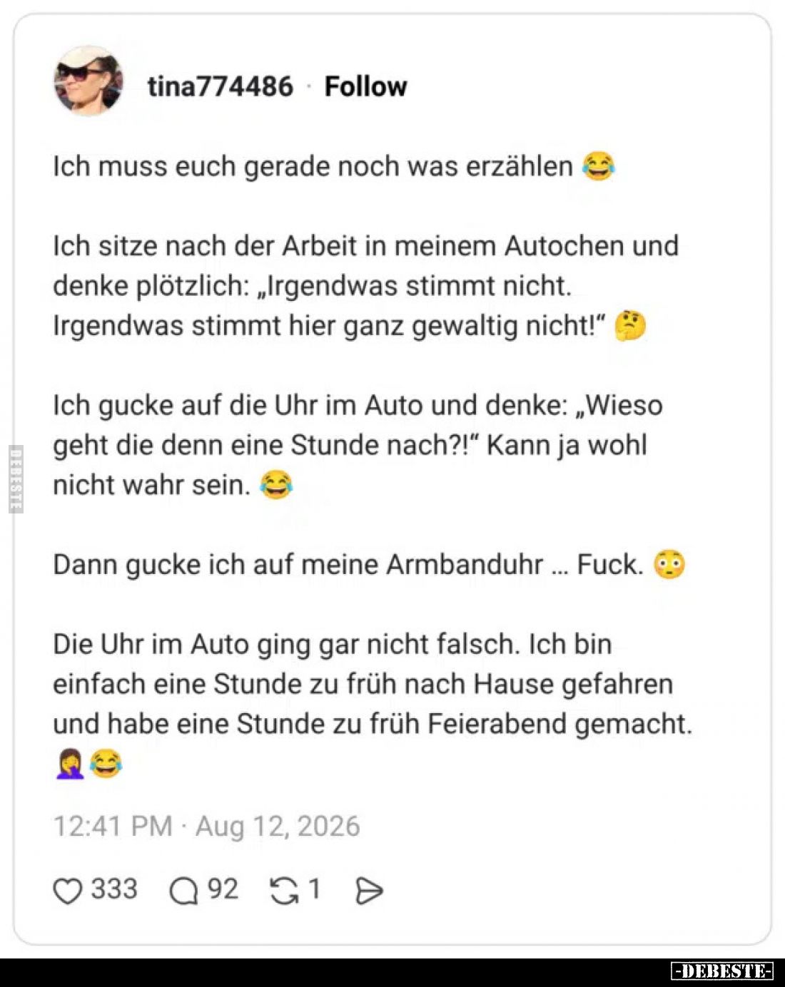 Ich muss euch gerade noch was erzählen.



Ich sitze nach der Arbeit in meinem Autochen und denke plötzlich: „Irgendwas s...