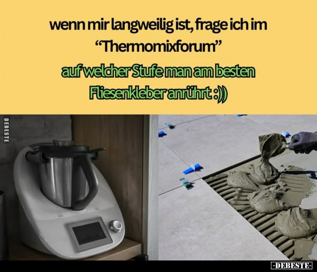 Wenn mir langweilig ist, frage ich im "Thermomixforum".
Auf welcher Stufe man am besten Fliesenkleber anrührt.