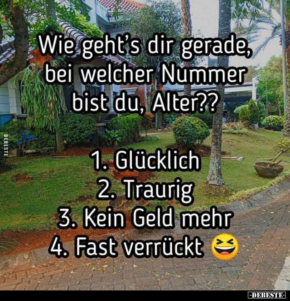 Wie geht's dir gerade, bei welcher Nummer bist du, Alter??
1. Glücklich.
2. Traurig.
3. Kein Geld mehr.
4. Fast verrückt.