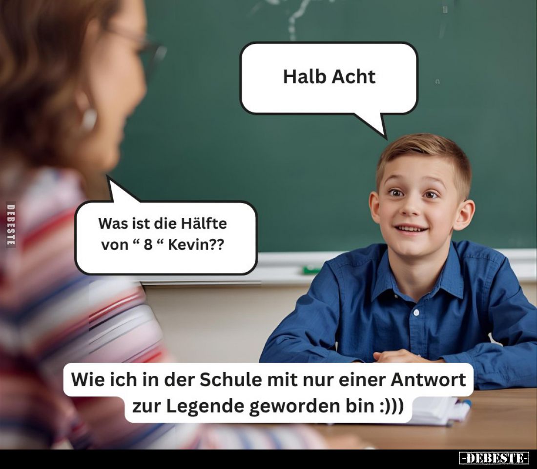 Was ist die Hälfte von "8" Kevin?? - Halb Acht. - 
Wie ich in der Schule mit nur einer Antwort zur Legende geworde...