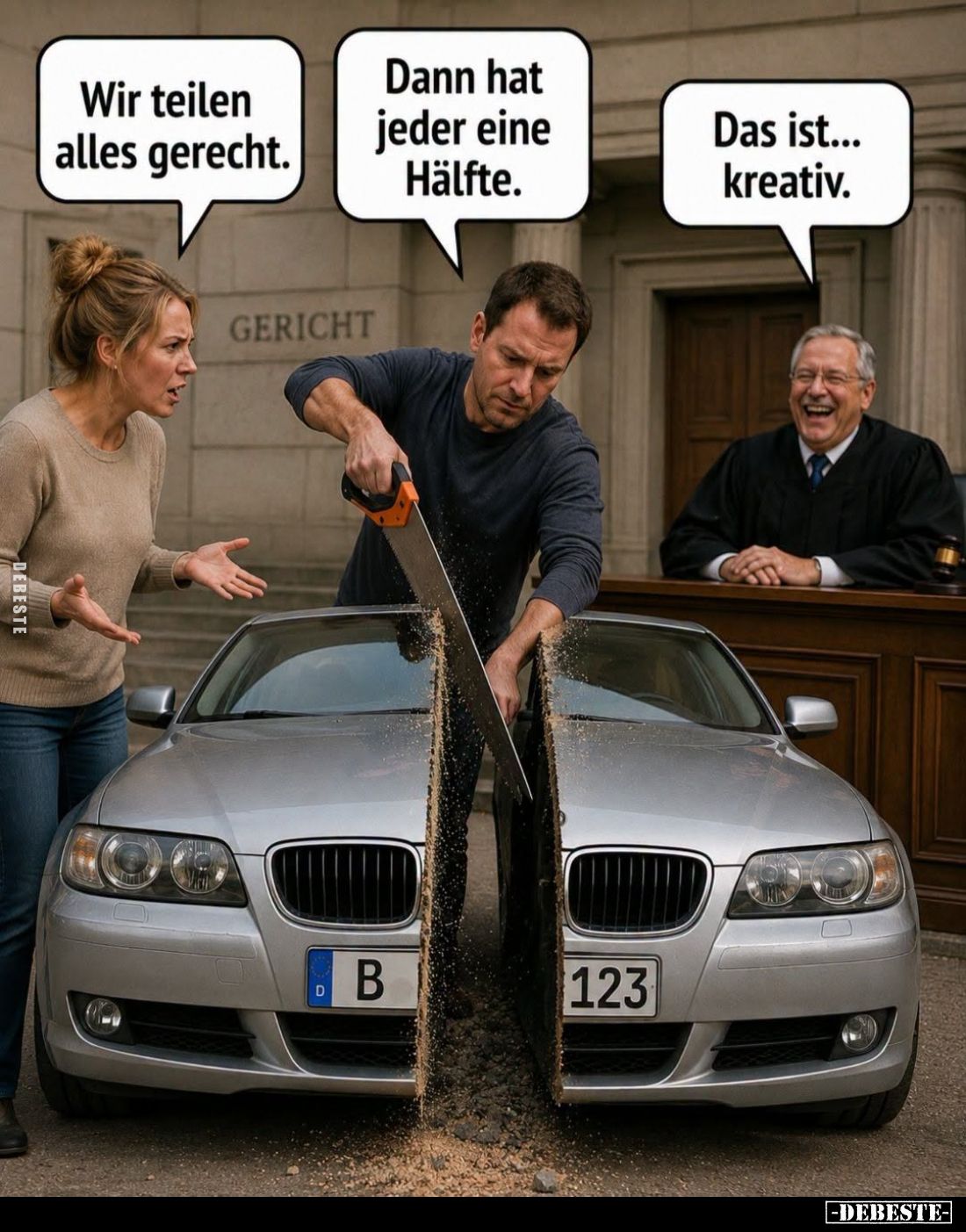Wir teilen alles gerecht. -
Dann hat jeder eine Hälfte. -
Das ist... kreativ.