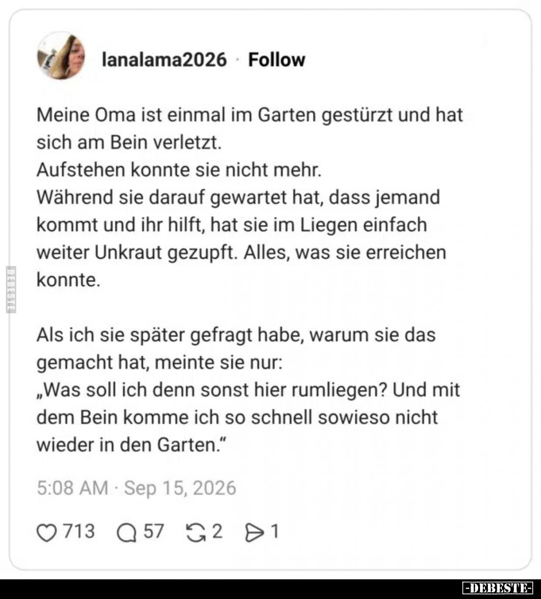 Meine Oma ist einmal im Garten gestürzt und hat sich am Bein verletzt.
Aufstehen konnte sie nicht mehr.
Während sie darauf ...