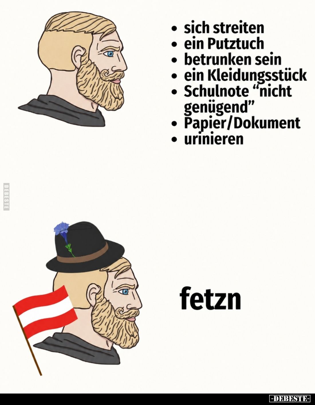 - sich streiten
 - ein Putztuch
 - betrunken sein
 - ein Kleidungsstück
 - Schulnote "nicht genügend"
 - Papie...
