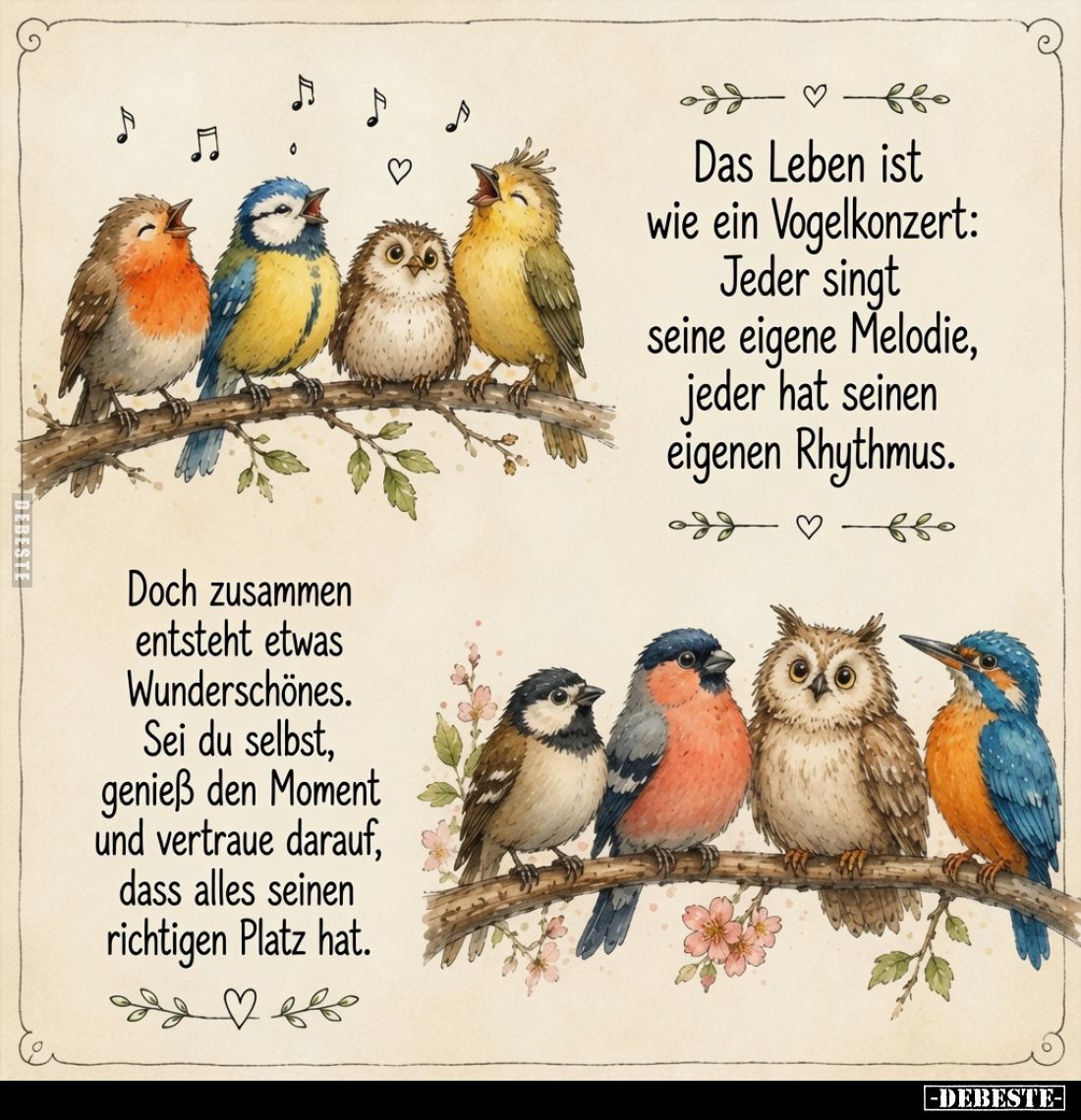 Das Leben ist wie ein Vogelkonzert: Jeder singt seine eigene Melodie, jeder hat seinen eigenen Rhythmus.
Doch zusammen entst...