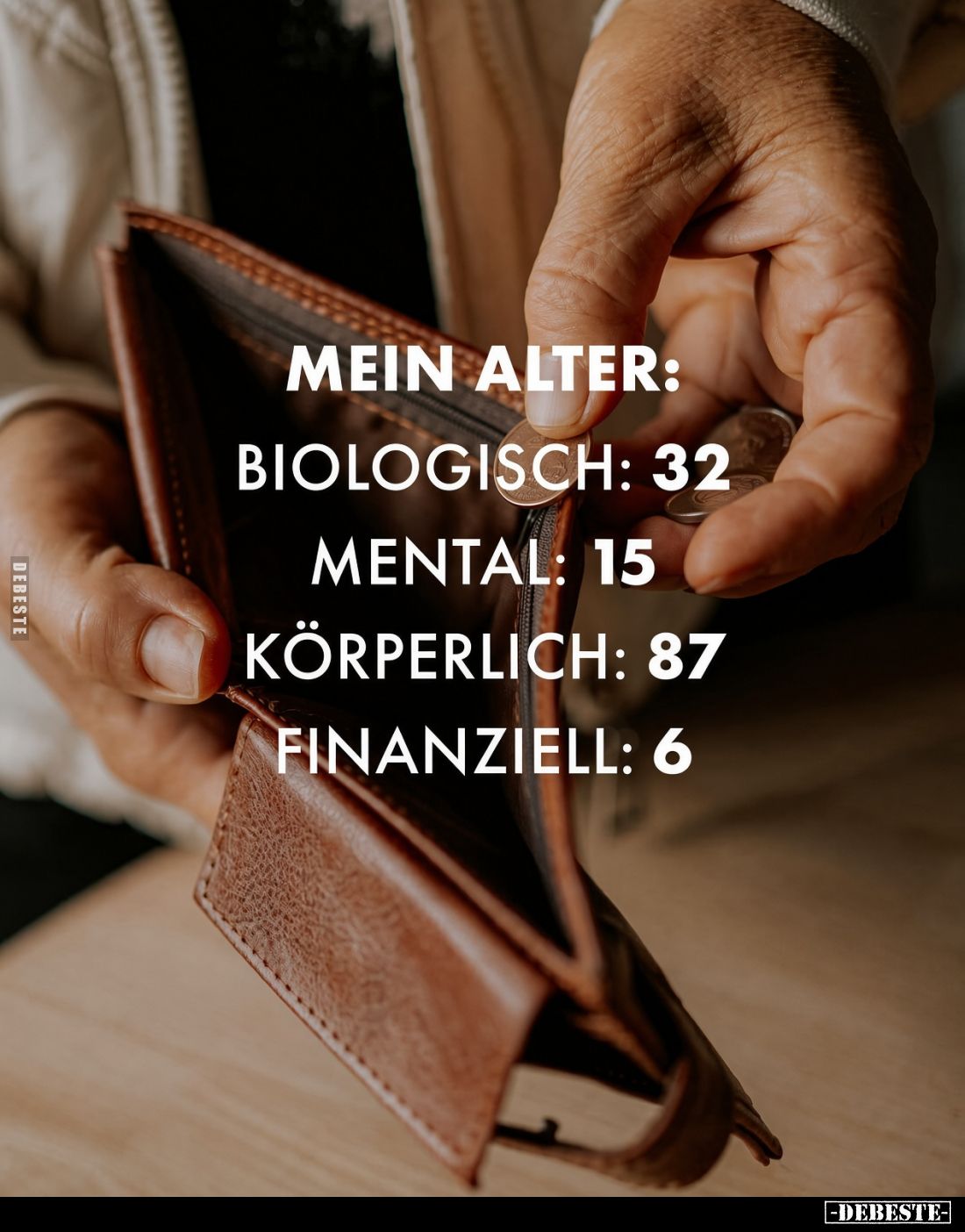 Mein Alter:
Biologisch: 32
Mental: 15
Körperlich: 87
Finanziell: 6