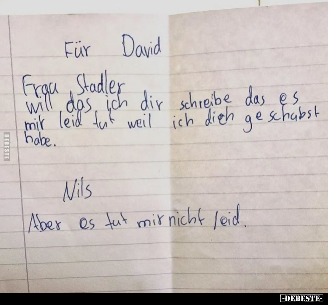 Für David.
Frau Stadler
will das ich dir schreibe das es mir leid tut weil ich dich geschubst habe.
Nils
Aber es tut mir ...