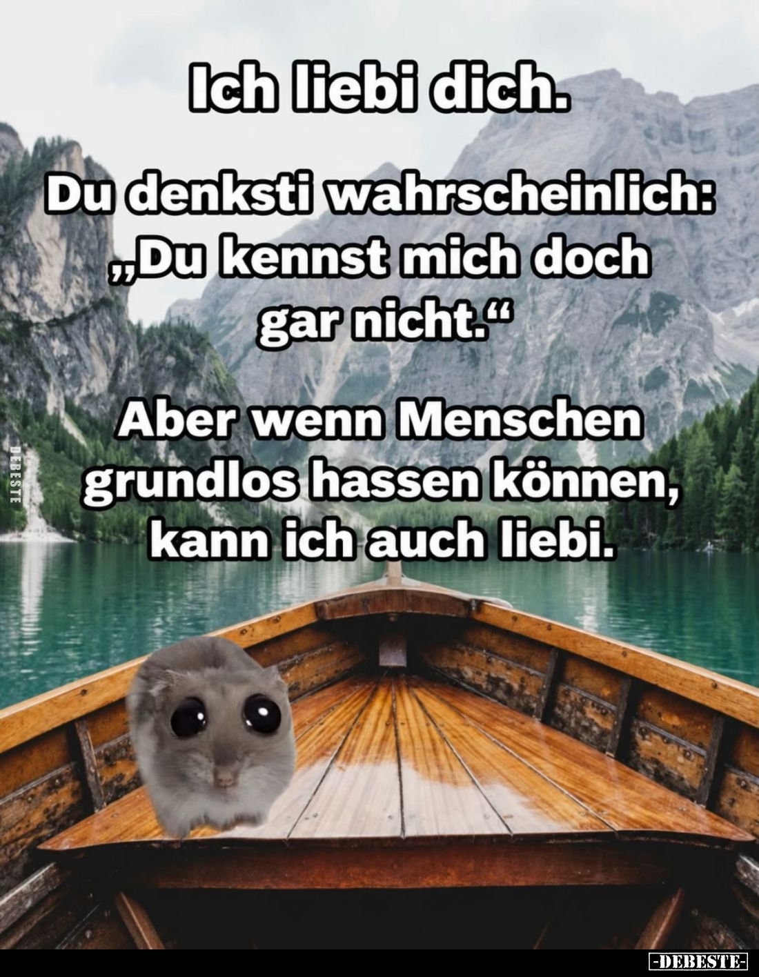 Ich liebi dich.
Du denksti wahrscheinlich: 
"Du kennst mich doch gar nicht." -
Aber wenn Menschen grundlos hasse...