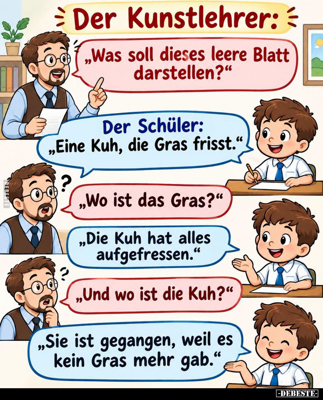 Der Kunstlehrer: 
"Was soll dieses leere Blatt darstellen?" -
Der Schüler:
"Eine Kuh, die Gras frisst.&quot...