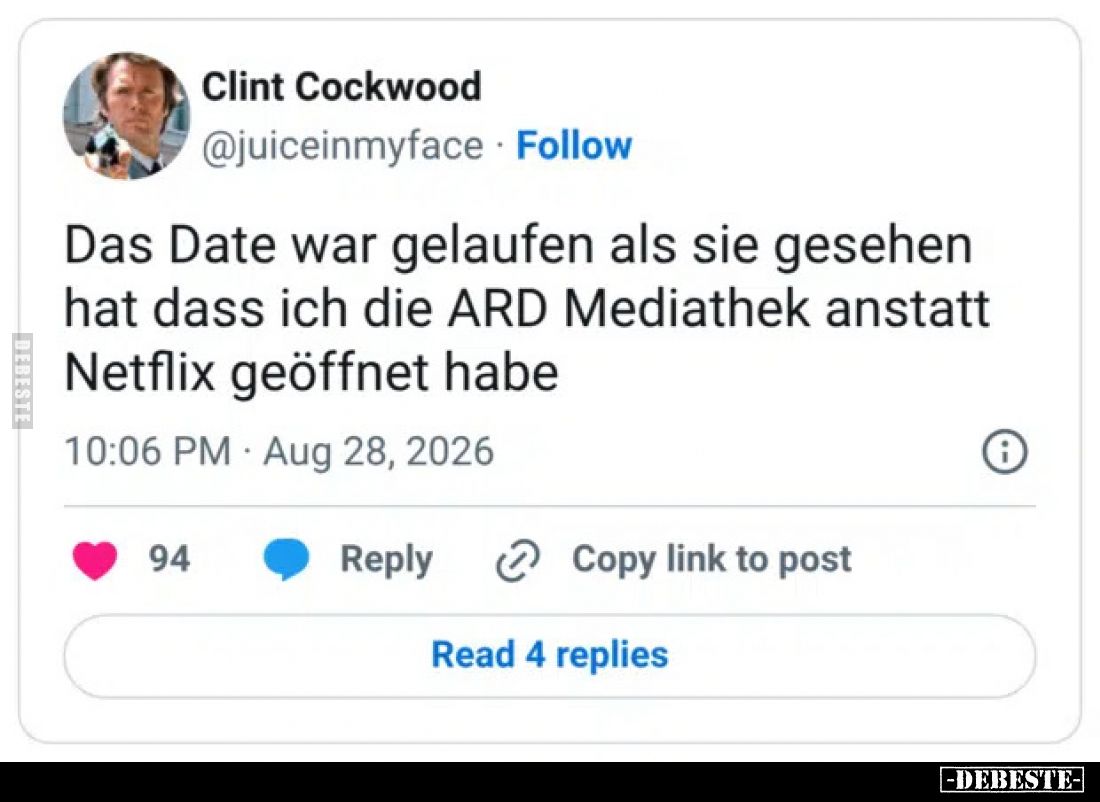 Das Date war gelaufen als sie gesehen hat dass ich die ARD Mediathek anstatt Netflix geöffnet habe
10:06 PM · Aug 28, 2026