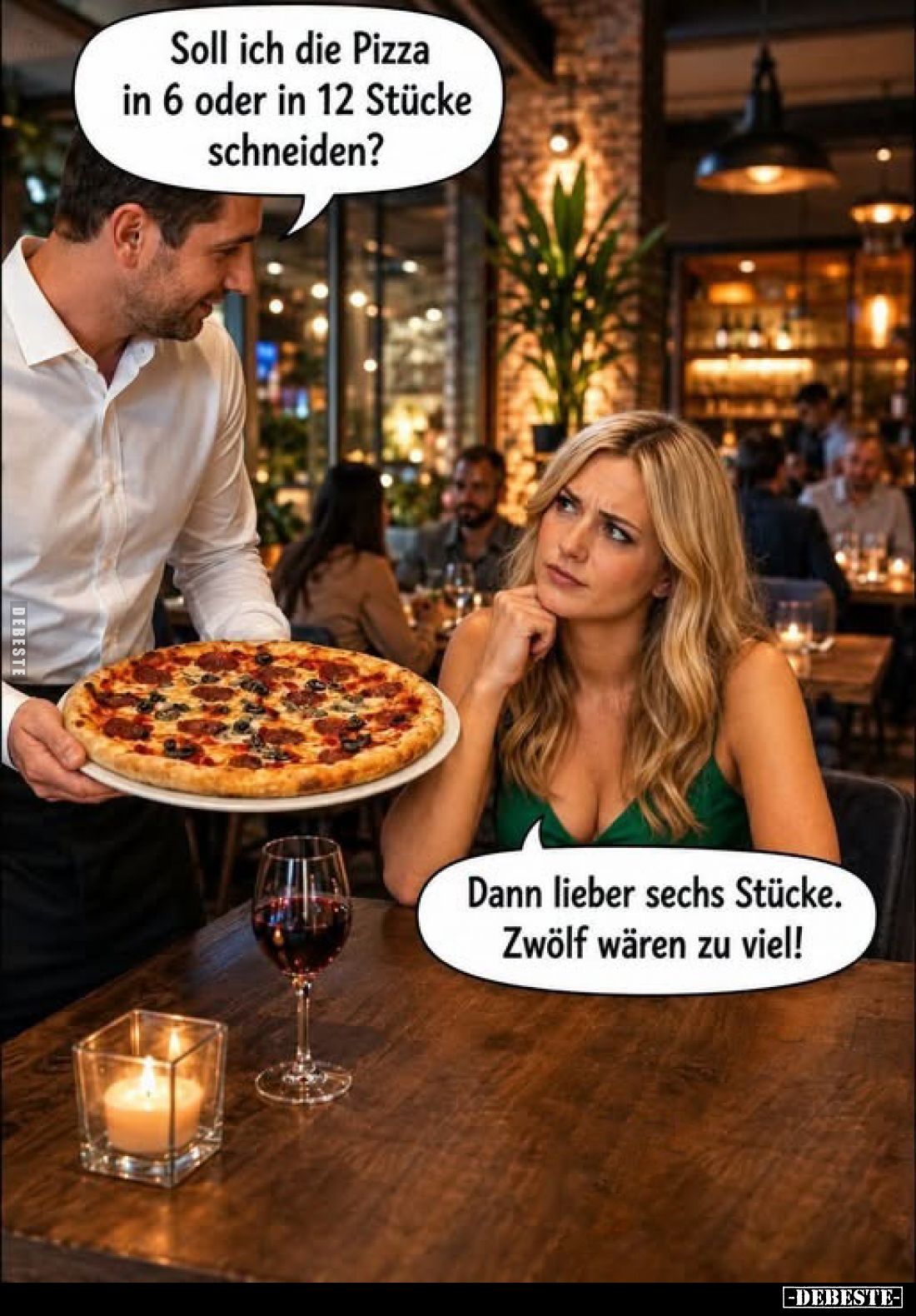 Soll ich die Pizza in 6 oder in 12 Stücke schneiden?
-
Dann lieber sechs Stücke. Zwölf wären zu viel!