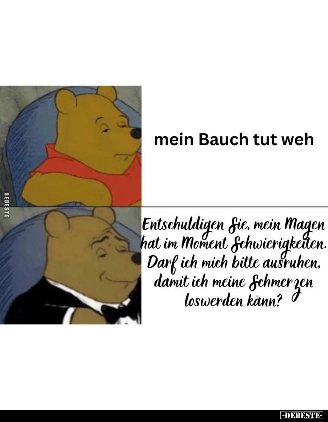 Mein Bauch tut weh. -
Entschuldigen Sie, mein Magen hat im Moment Schwierigkeiten. Darf ich mich bitte ausruhen, damit ich m...