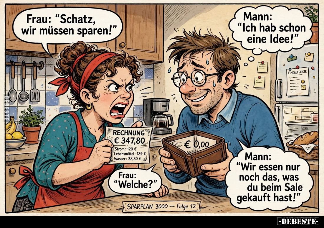 Frau: "Schatz, wir müssen sparen!" -
Mann: "Ich hab schon eine Idee!" - Frau: "Welche?" - Mann...
