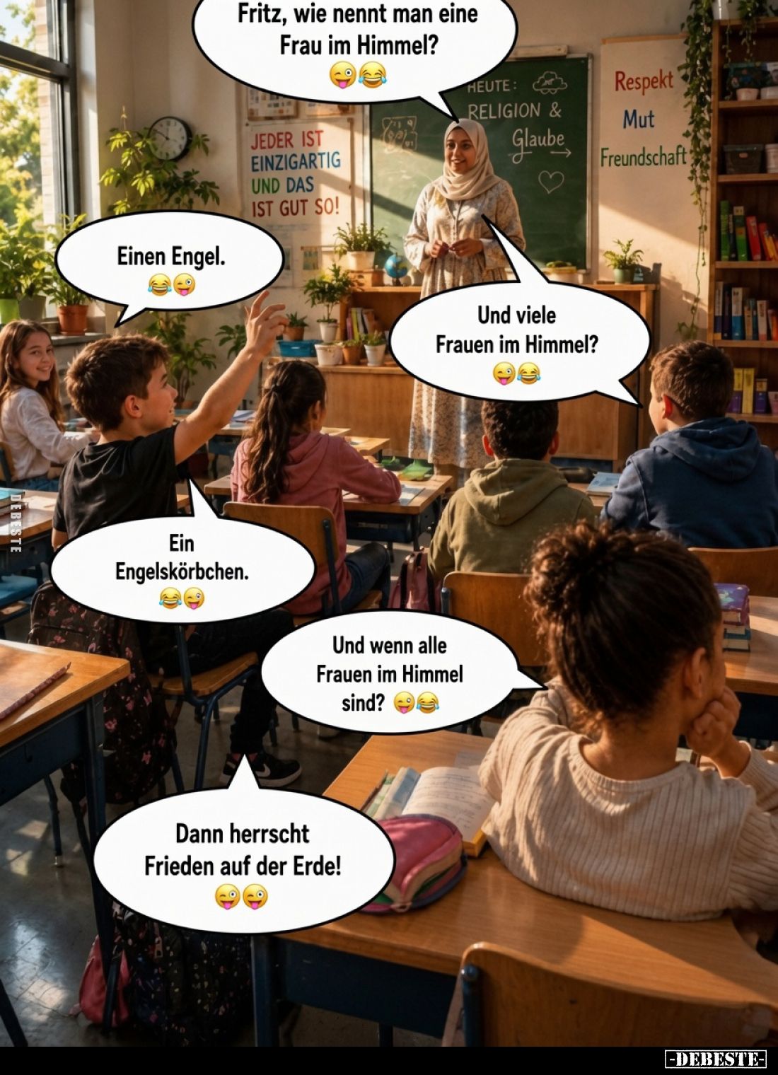 Fritz, wie nennt man eine Frau im Himmel?
Einen Engel.
Und viele Frauen im Himmel?
Ein Engelskörbchen.
Und wenn alle Frau...