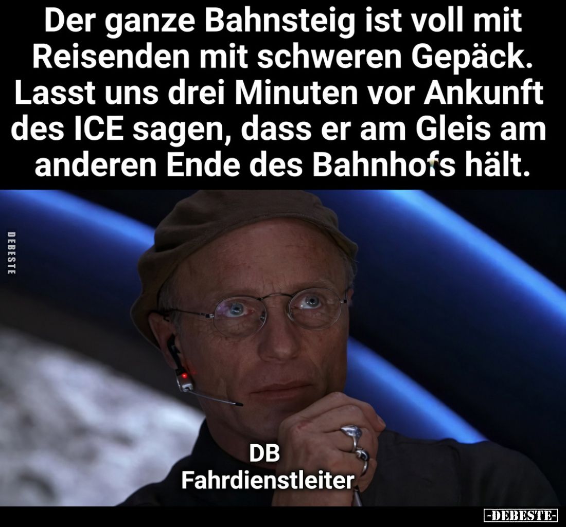 Der ganze Bahnsteig ist voll mit Reisenden mit schweren Gepäck.
Lasst uns drei Minuten vor Ankunft des ICE sagen, dass er am...