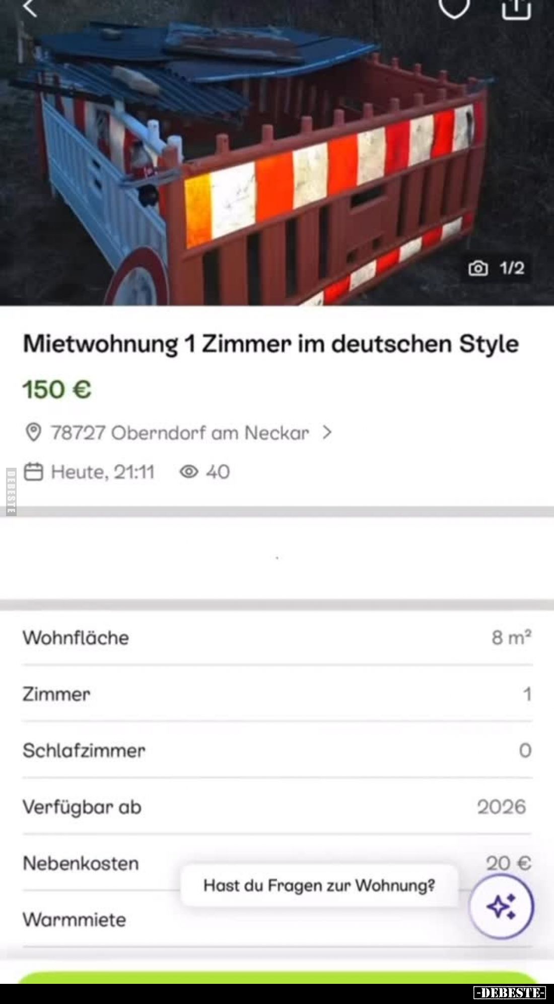Mietwohnung 1 Zimmer im deutschen Style
150 €
