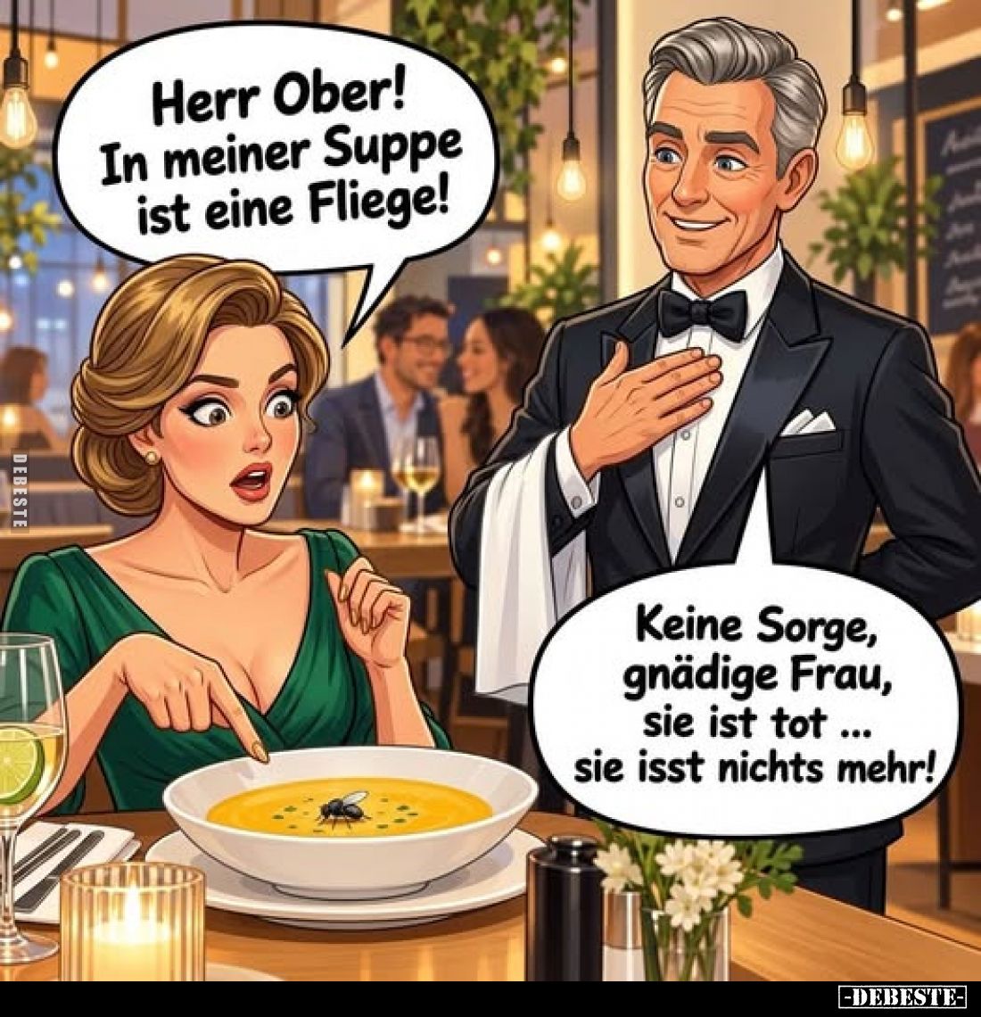 Herr Ober! In meiner Suppe ist eine Fliege! -
Keine Sorge, gnädige Frau, sie ist tot ... sie isst nichts mehr!