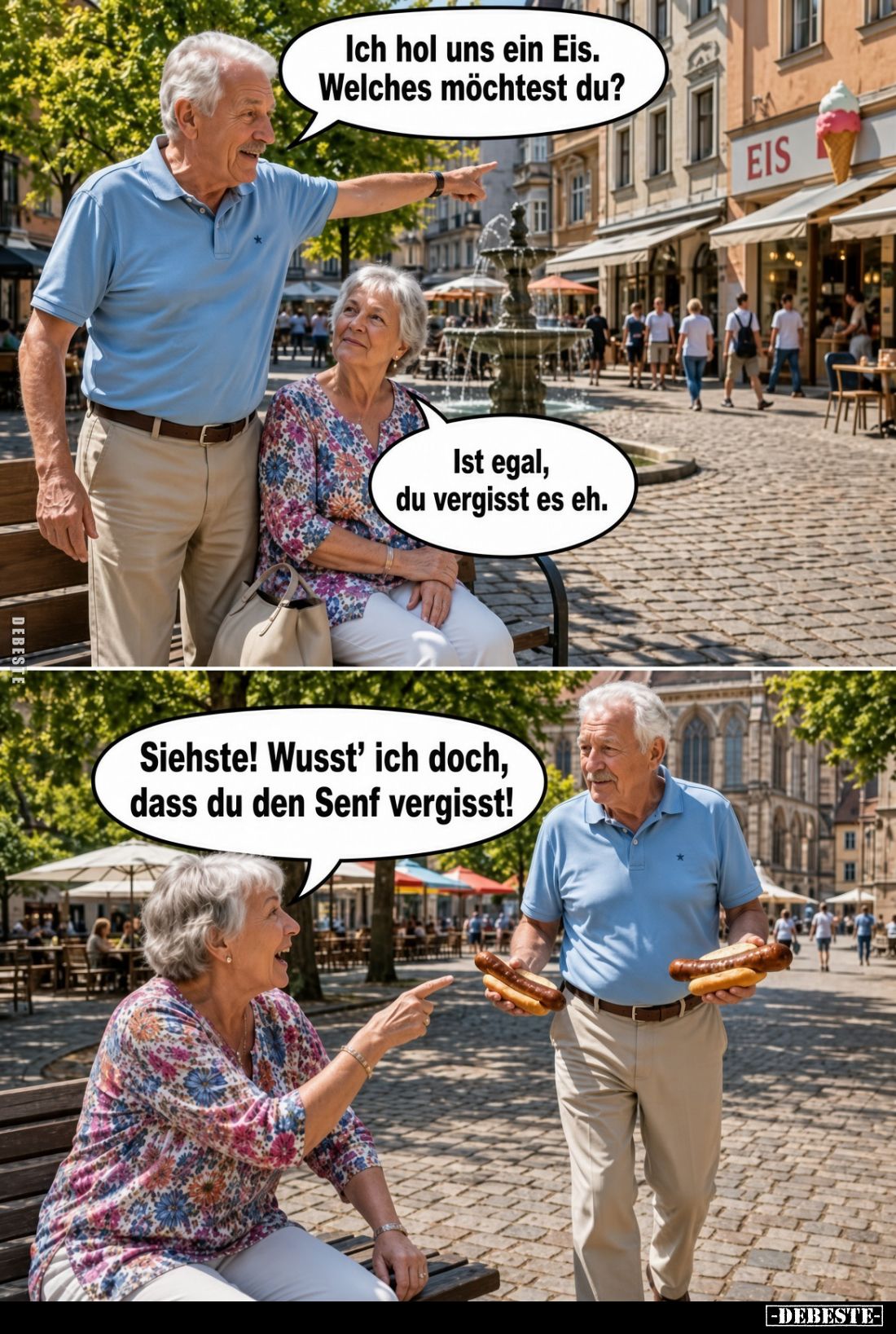 Ich hol uns ein Eis. Welches möchtest du?
Ist egal, du vergisst es eh.
Siehste! Wusst' ich doch, dass du den Senf vergiss...