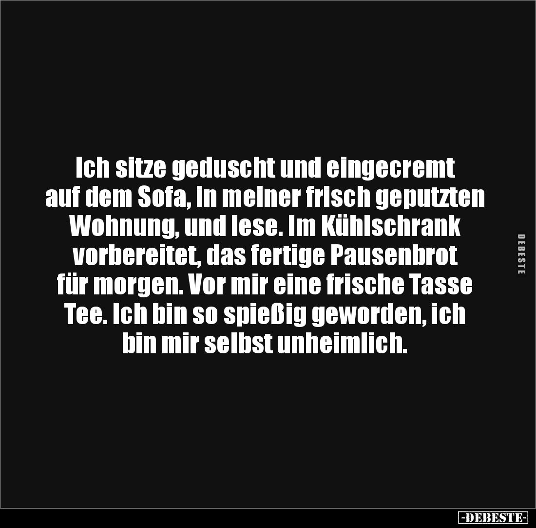 Ich sitze geduscht und eingecremt auf dem Sofa, in meiner frisch geputzten Wohnung, und lese. Im Kühlschrank vorbereitet, das...