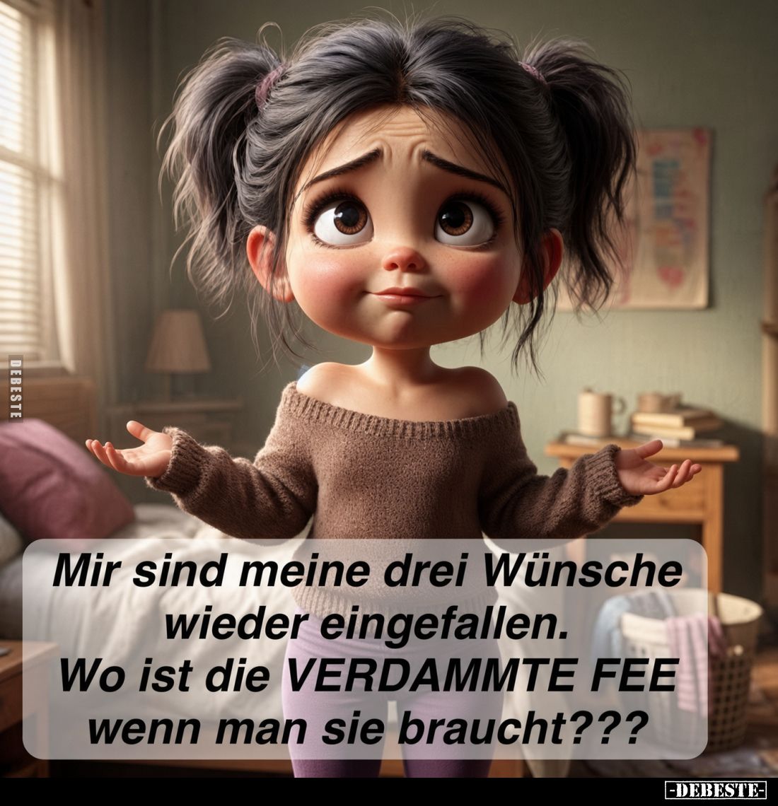 Mir sind meine drei Wünsche wieder eingefallen.
Wo ist die VERDAMMTE FEE wenn man sie braucht???
