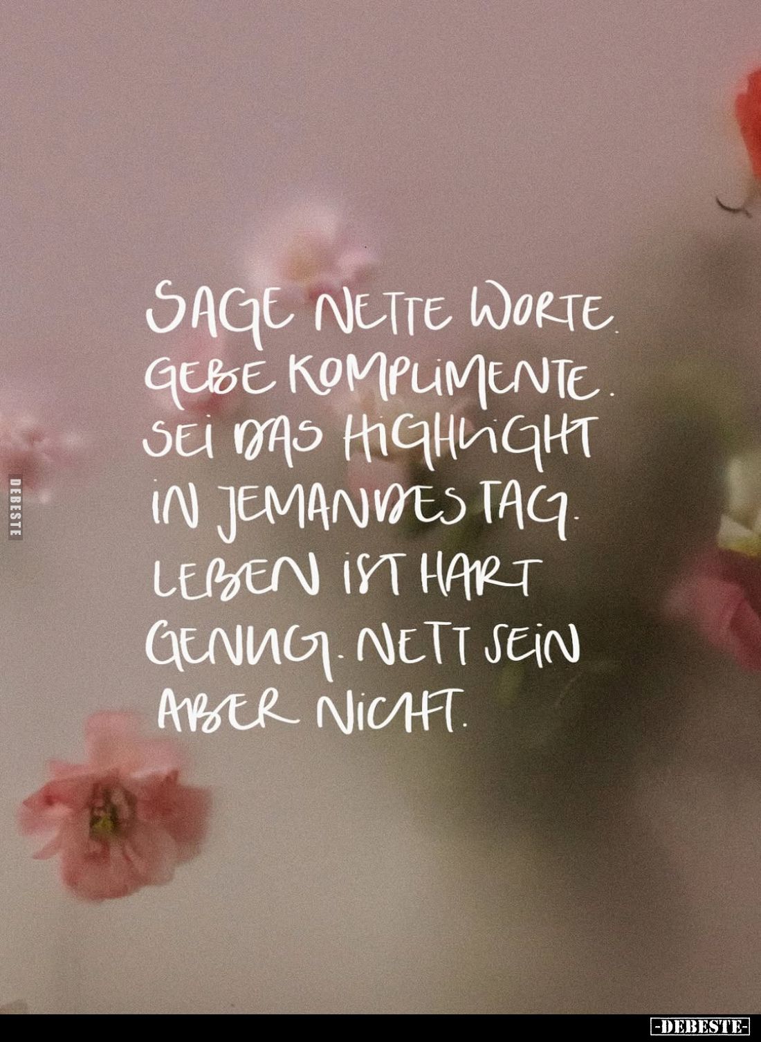 Sage nette Worte gebe Komplimente. Sei das Highlight in jemandes Tag. Leben ist hart genug. Nett sein aber nicht.