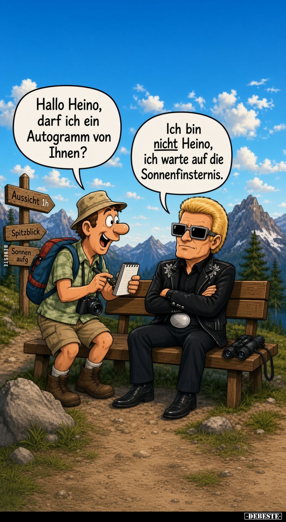 Hallo Heino, darf ich ein Autogramm von Ihnen?
Ich bin nicht Heino, ich warte auf die Sonnenfinsternis.