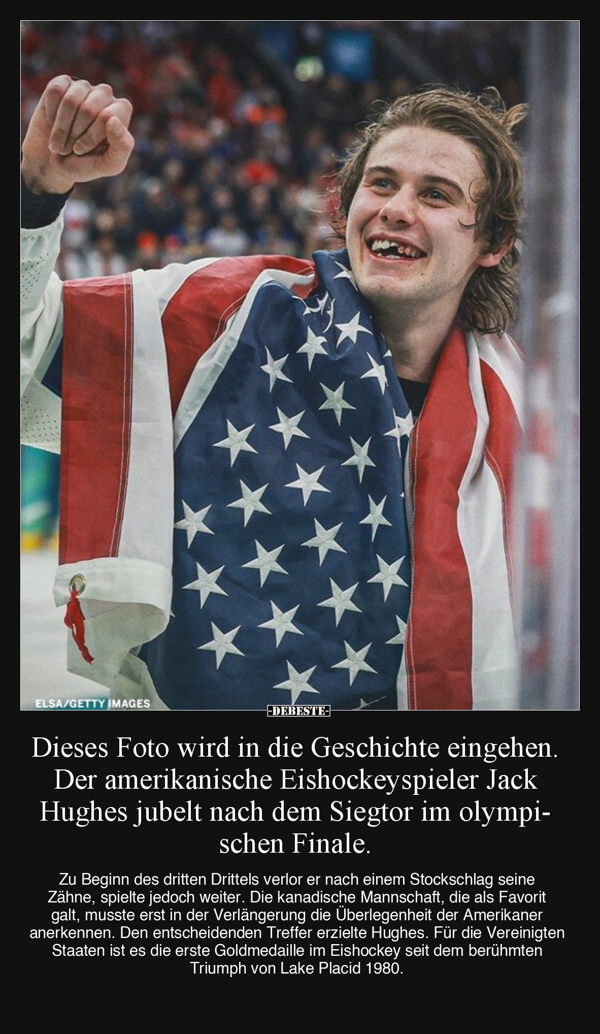 Dieses Foto wird in die Geschichte eingehen. Der amerikanische Eishockeyspieler Jack Hughes jubelt nach dem Siegtor im olympi...