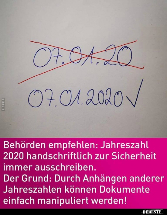 Behörden empfehlen: Jahreszahl 2020 handschriftlich zur..