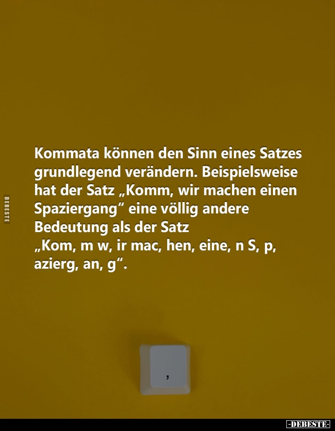 Kommata können den Sinn eines Satzes grundlegend verändern. Beispielsweise hat der Satz "Komm, wir machen einen Spazierg...