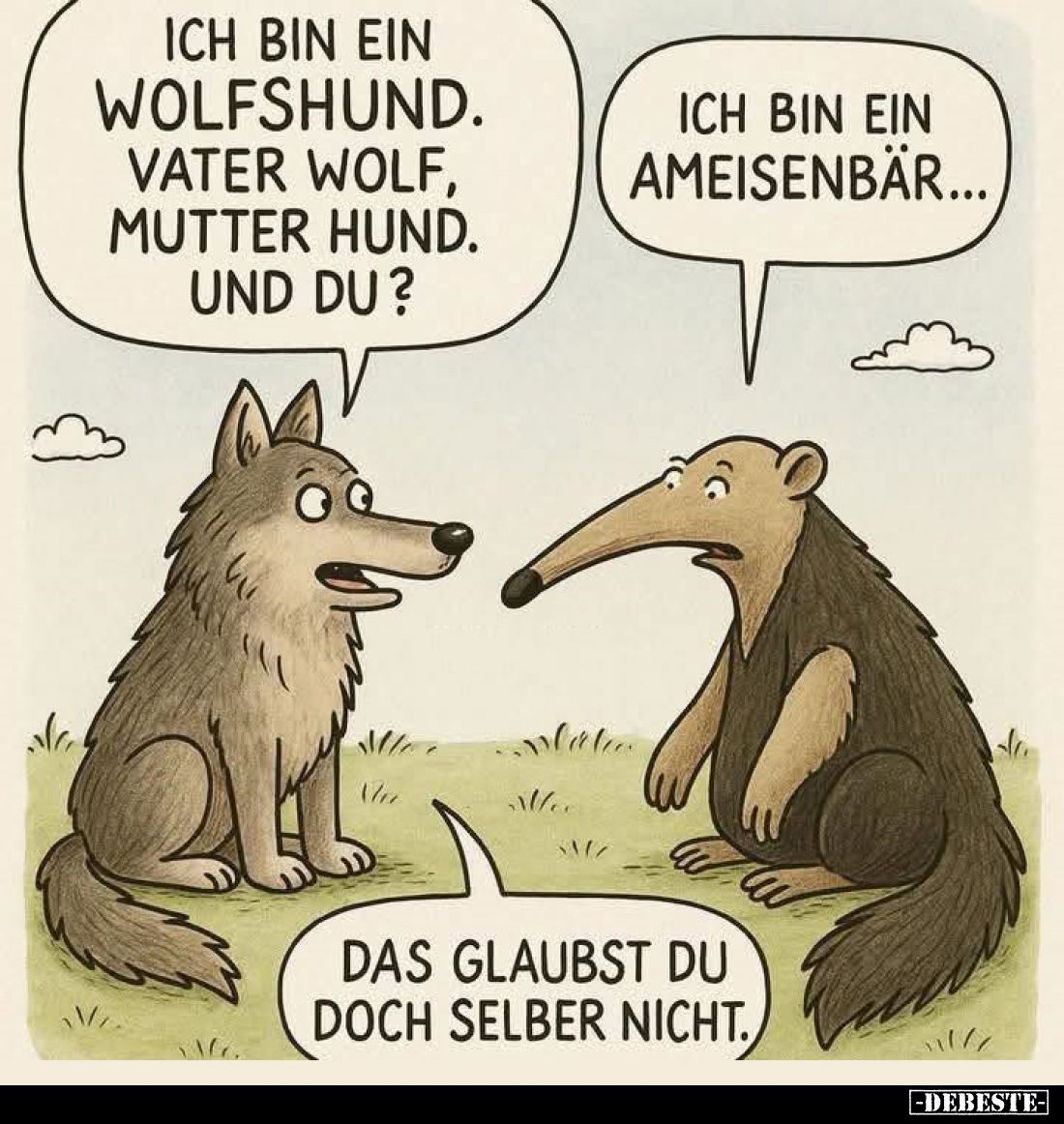Ich bin ein Wolfshund. Vater Wolf, Mutter Hund. Und du? -
Ich bin ein Ameisenbär... - Das glaubst du doch selber nicht.